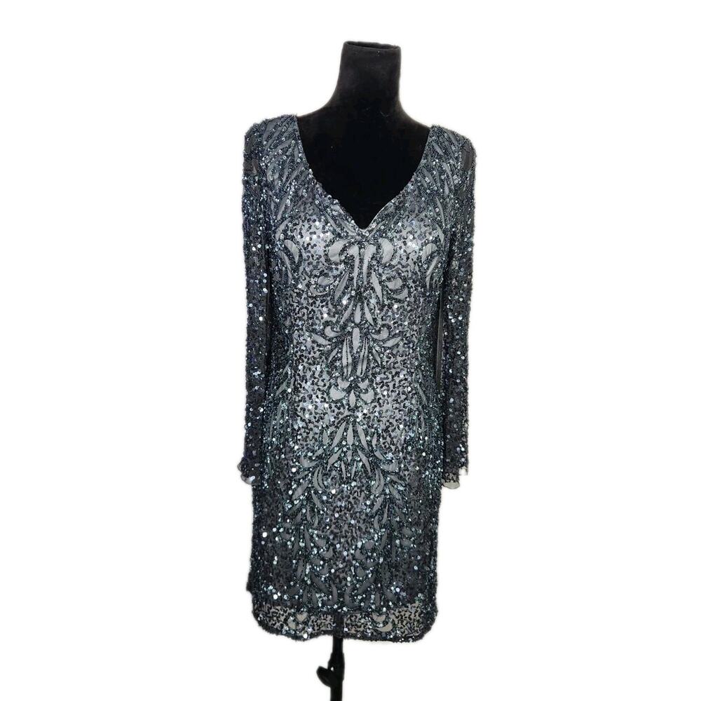 Scala women's Charcoal Sequin Metallic V-Neck Long Flared Sleeve size 14 Euc - Picture 3 of 13